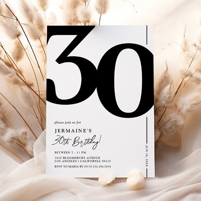 Invitation élégante noir et blanc pour 30e anniver (Créateur téléchargé)