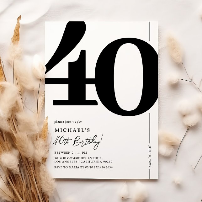 Invitation élégante noir et blanc pour 40e anniver (Créateur téléchargé)