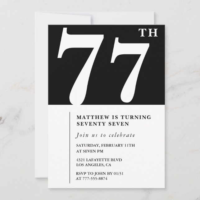 Invitation élégante noir et blanc pour 77e anniver (Devant)