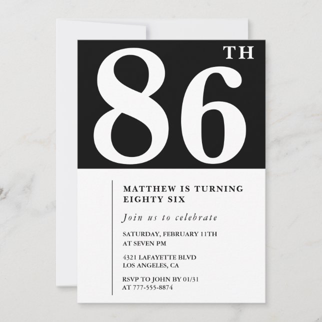 Invitation élégante noir et blanc pour 86e anniver (Devant)