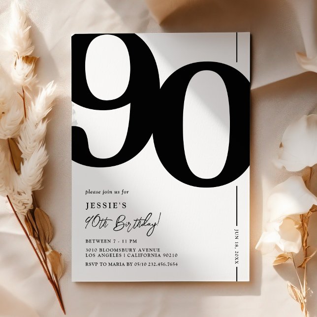 Invitation élégante noir et blanc pour 90e anniver (Créateur téléchargé)