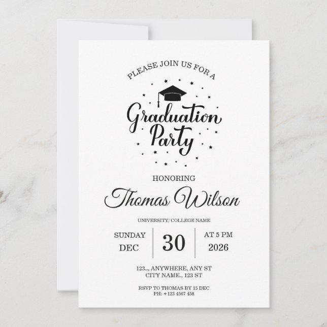 Invitation élégante noir et blanc pour une fête de (Devant)