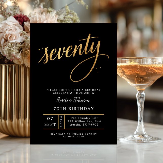 Invitation élégante noir et or pour 70e anniversai (Celebrate seventy in timeless style with this elegant black and gold invitation.)