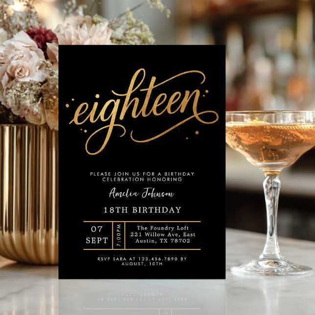 Invitation élégante noir et or pour les 18 ans (Celebrate eighteen in style with this elegant black and gold birthday invitation.)
