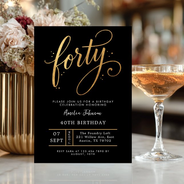 Invitation élégante noir et or pour les 40 ans (Celebrate forty in sophisticated style with this luxe black and gold invitation.)