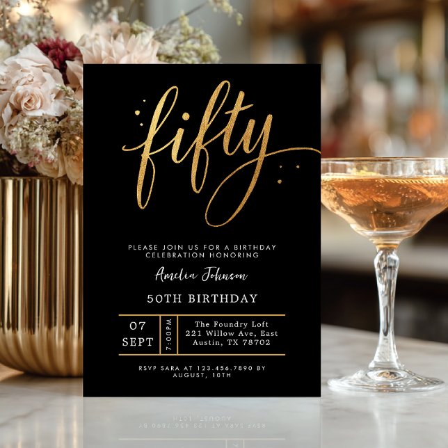 Invitation élégante noir et or pour les 50 ans  (Celebrate fifty in timeless style with this elegant black and gold invitation)