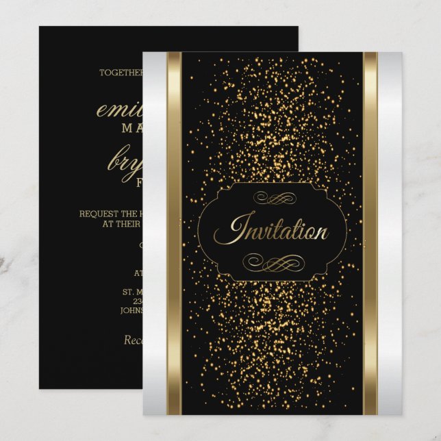 Invitation élégante noire, blanche et dorée (Devant / Derrière)