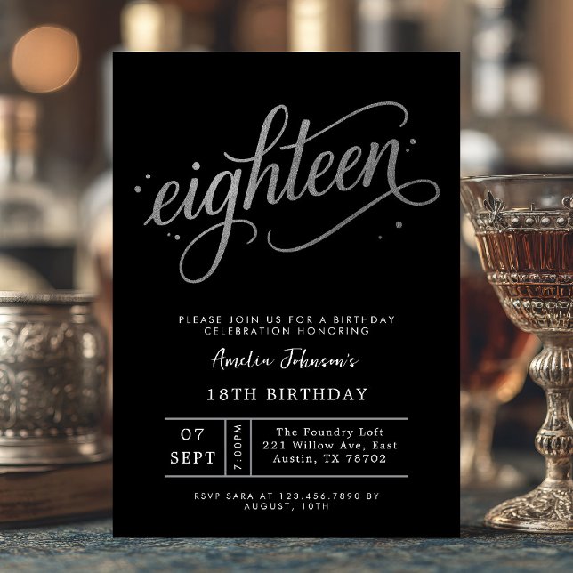 Invitation élégante noire et argentée pour 18 ans (Eighteen and radiant ✨ Celebrate in style with this elegant black and silver invite.)