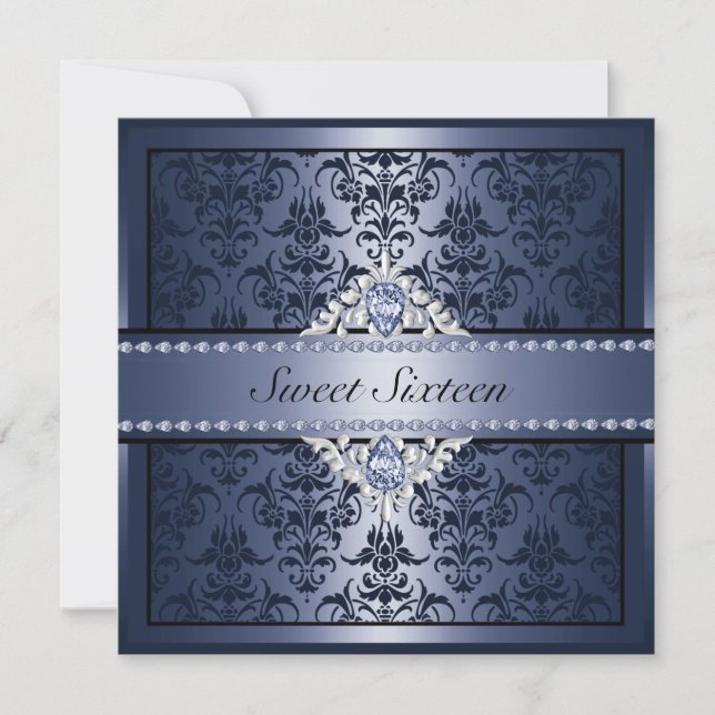 Invitation élégante noire et bleue damassée pour S (Devant)