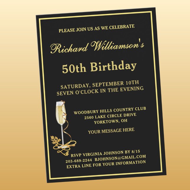Invitation élégante noire et or pour fête des 50 a (Créateur téléchargé)