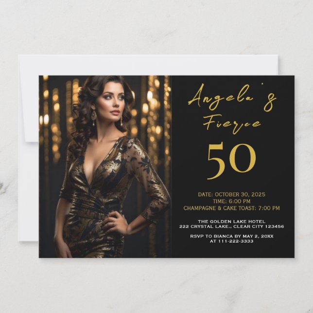 Invitation élégante noire et or pour les 50 ans (Devant)