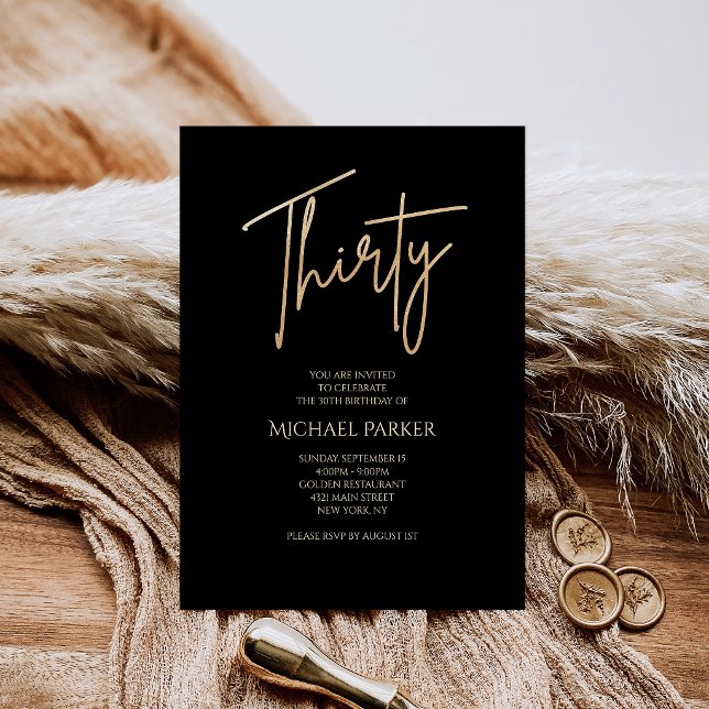 Invitation élégante noire et or pour un 30e annive (Elegant Black and Gold 30th Birthday Party Invitation)