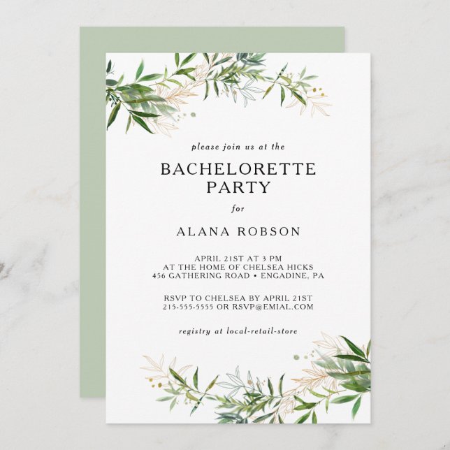 Invitation Élégante Olive Greenery Bachelorette Party Invitat (Devant / Derrière)