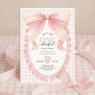 Invitation Élégante ONE derful Pink Bow Girl 1er anniversaire