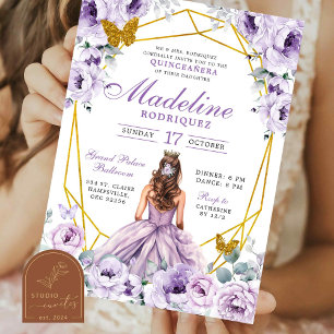 Invitation Elégante or violet mexicaine princesse Quinceanera