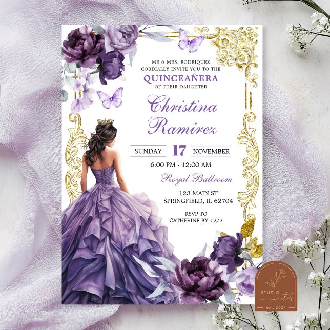 Invitation Elégante Or Violet Princesse Quinceanera (Créateur téléchargé)