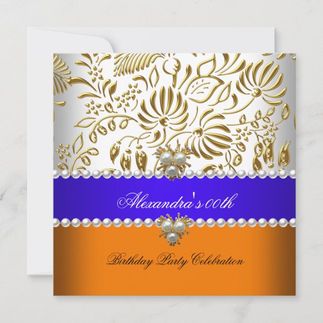 Invitation Elégante Orange Blue Gold Damask Pearl Party (Devant)