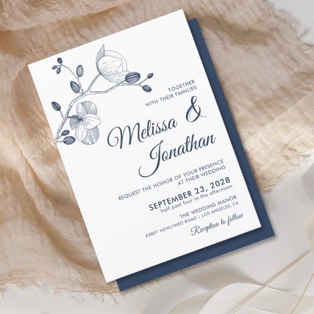 Invitation Elégante orchidée moderne florale bleu mariage bla (Créateur téléchargé)