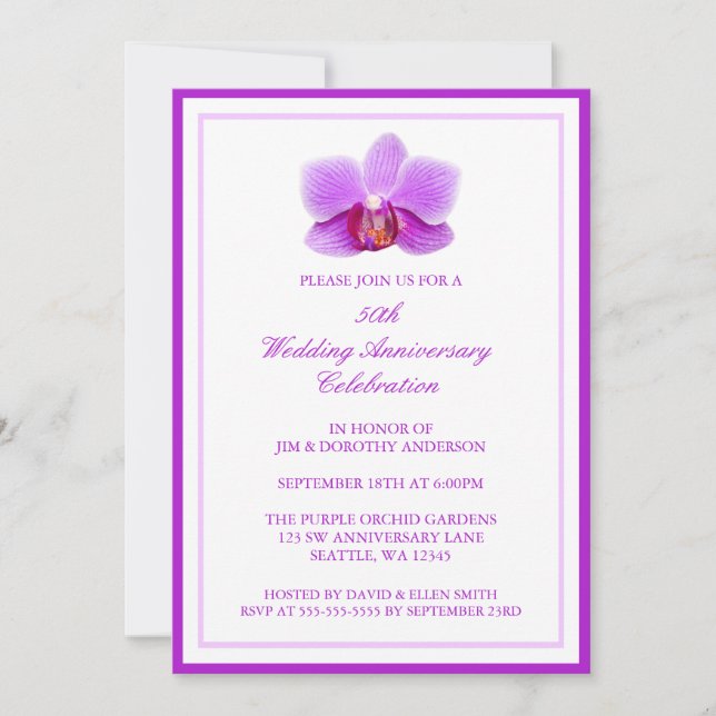 Invitation Élégante Orchidée Violette 50e Anniversaire de Mar (Devant)