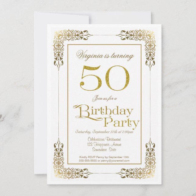 Invitation Elégante Ornate Gold Lace 50e fête d'anniversaire