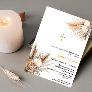 Invitation Élégante Pampas Croix Grass première communion
