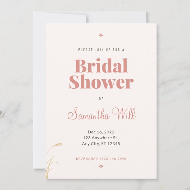Invitation Élégante Pampas Grass Boho nuptiale de douche Invi (Devant)