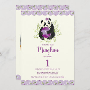 Invitation Elégante Panda Girly 1er Anniversaire Pale Lilac I