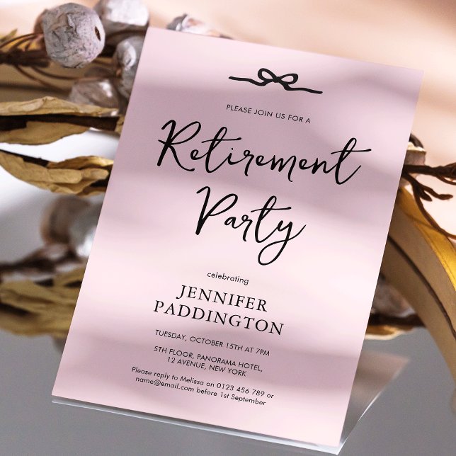 Invitation Élégante Parti de retraite féminine rose vif (Feminine blush pink and black bow retirement party invitation with fully editable text and colors)