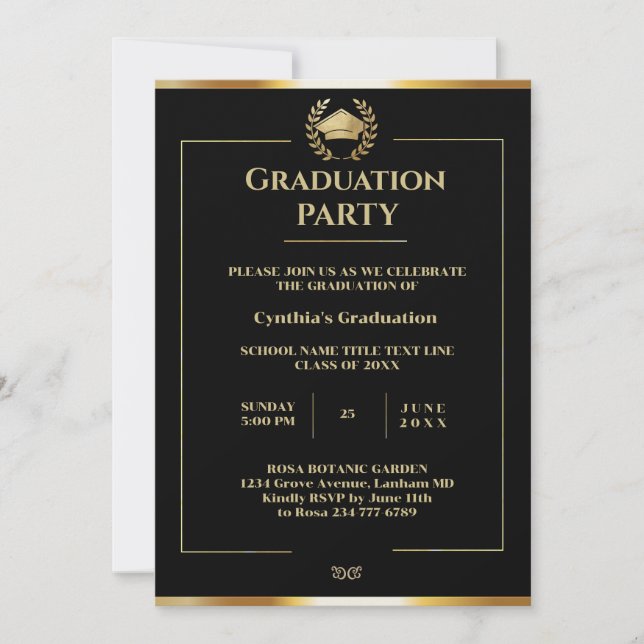 Invitation Élégante Partie de Graduation Noire et Or (Devant)