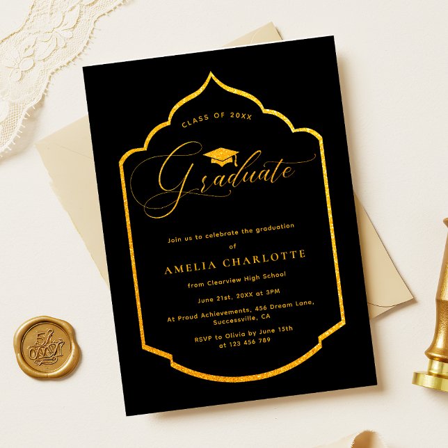 Invitation Élégante Partie de Graduation Noire et Or (Créateur téléchargé)