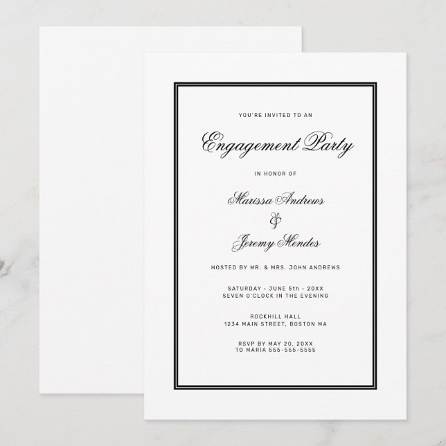 Invitation Élégante partie de l'engagement de script noir bla (Devant / Derrière)