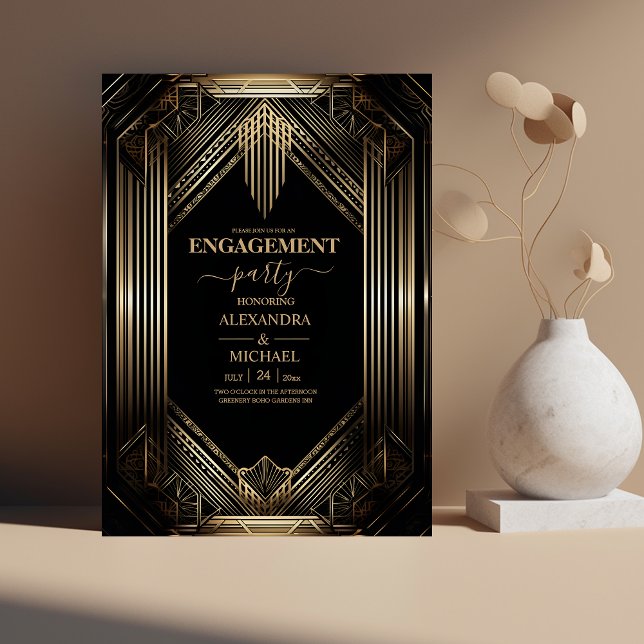 Invitation Élégante partie d'engagement Art Déco Noir et Or (Créateur téléchargé)