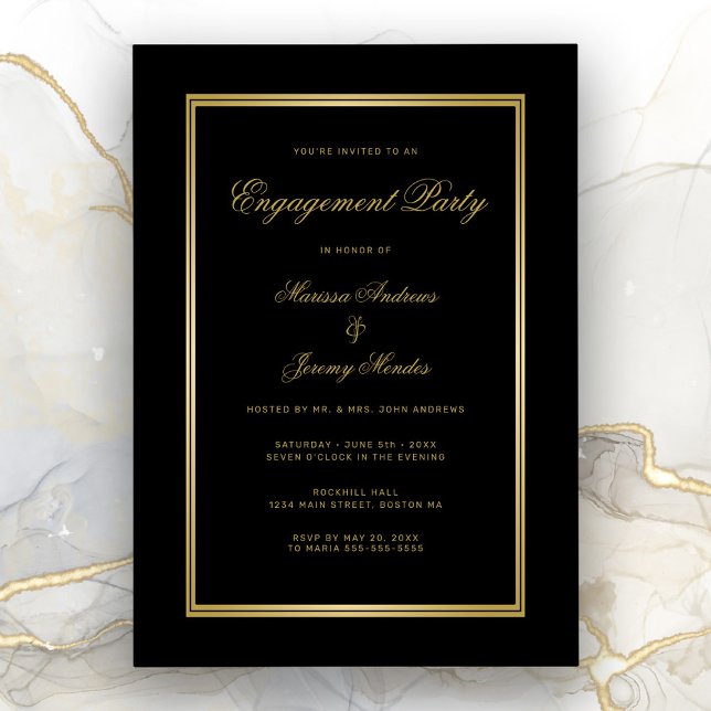 Invitation Élégante partie d'engagement Black Gold Script (Elegant Black and Gold Engagement Party Invitation)