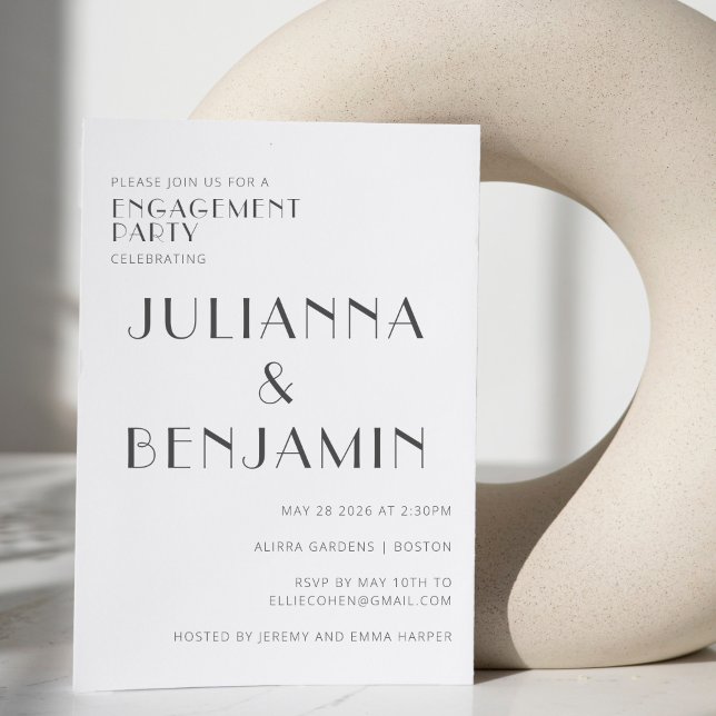 Invitation Élégante partie d'engagement Black White Art Déco (Créateur téléchargé)