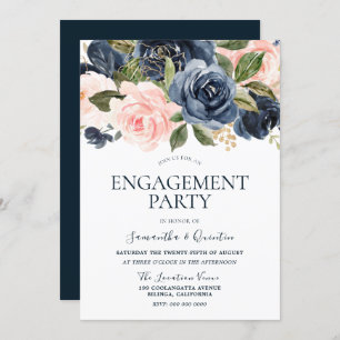 Invitation Élégante Partie d'engagement bleu et rose pâle de 