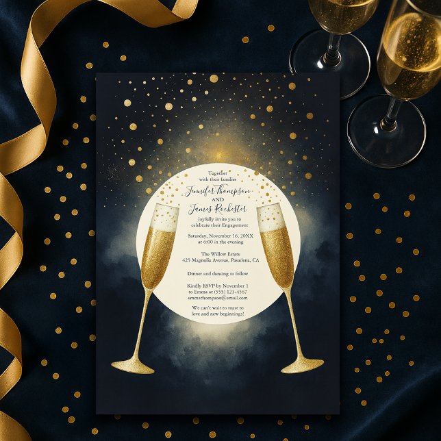 Invitation Élégante partie d'engagement Champagne Bleu et Or (Créateur téléchargé)
