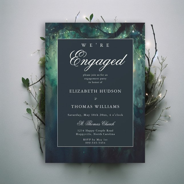 Invitation Élégante partie d'engagement d'émeraude forestière (enchanted forest were engaged engagement party invitation emerald classic elegant modern garden)