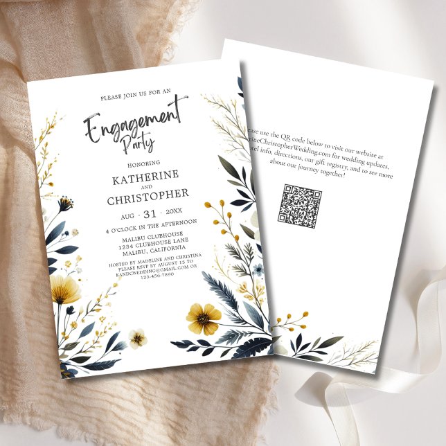 Invitation Élégante partie d'engagement Fleur sauvage (Elegant Wildflowers Wedding Engagement Party Invitation with Watercolor Flowers in  Blue and Yellow.)