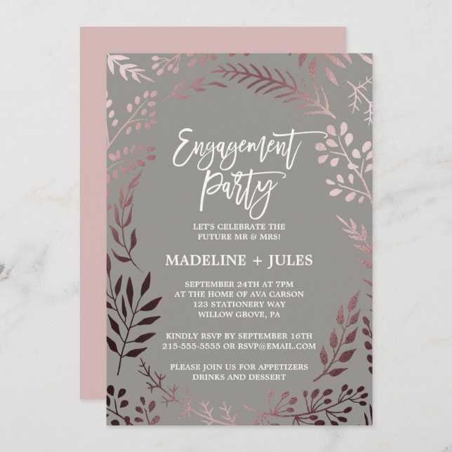 Invitation Élégante partie d'engagement Rose Gold et Grey (Devant / Derrière)