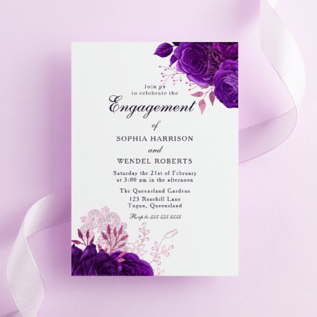 Invitation Élégante Partie d'engagement Rose Vintage violet (Créateur téléchargé)