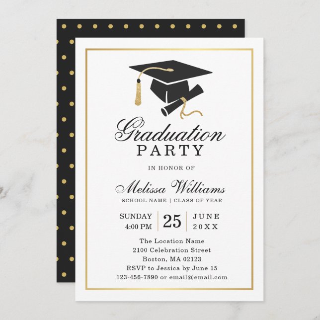 Invitation Élégante partie moderne Black White Gold (Devant / Derrière)