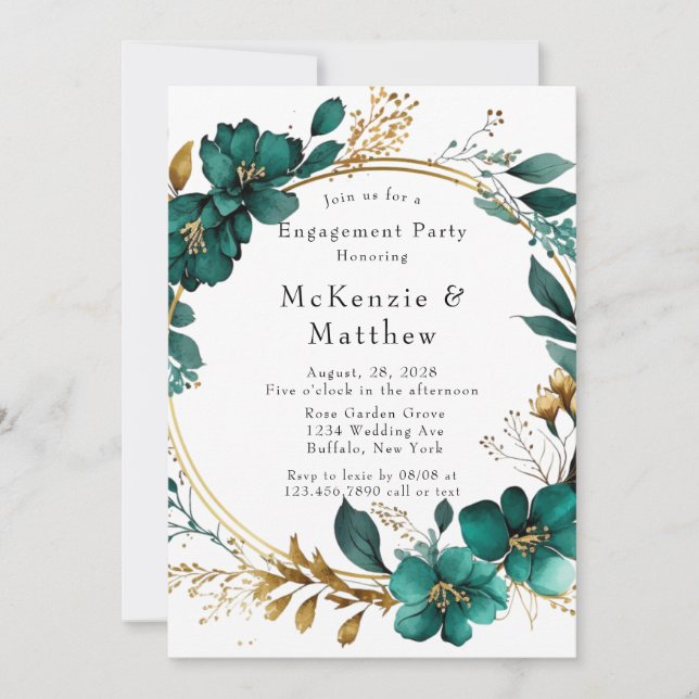 Invitation Élégante partie Turquoise et Gold Floral Engagemen (Devant)