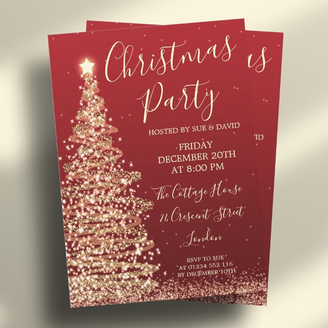 Invitation Élégante Parties scintillant Arbre Rouge Noël (Elegant Glitter Tree Red Christmas Party Invitation)
