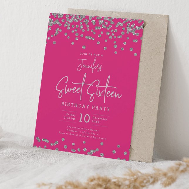 Invitation Elégante Parties scintillant Argent Confetti Sweet (Elegant Silver Glitter Confetti Sweet 16 Hot Pink Invitation)