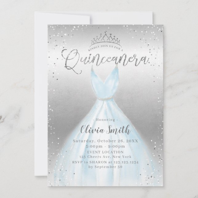 Invitation Elégante parties scintillant argent robe bleue Qui (Devant)