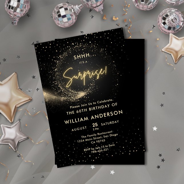 Invitation Elégante Parties scintillant Black and Gold Surpri (Elegant Glitter Black and Gold Surprise Party Invitation)