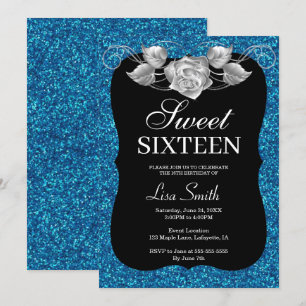 Invitation Élégante Parties scintillant Bleue Chic Rose Argen