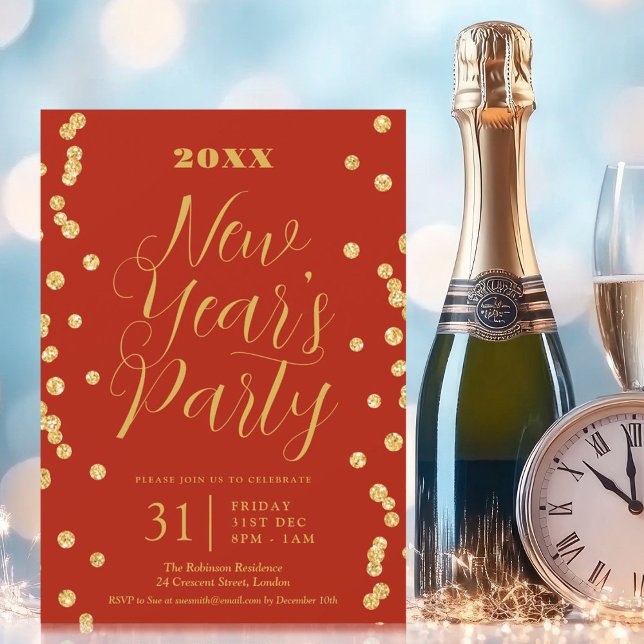 Invitation Elégante Parties scintillant de Nouvel An Eve Or C (Elegant New Years Eve Gold Glitter Confetti Red Invitation)