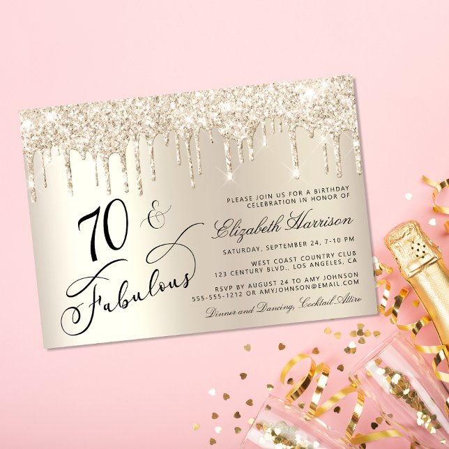 Invitation Elégante Parties scintillant d'or 70e fête d'anniv (Celebrate her 75 years of sparkle with an elegant gold glitter birthday party invitation  🎉 🎂 🥂)