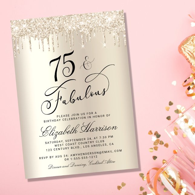 Invitation Elégante Parties scintillant d'or 75e fête d'anniv (Celebrate her 75 years of sparkle with an elegant gold glitter birthday party invitation  🎉 🎂 🥂)